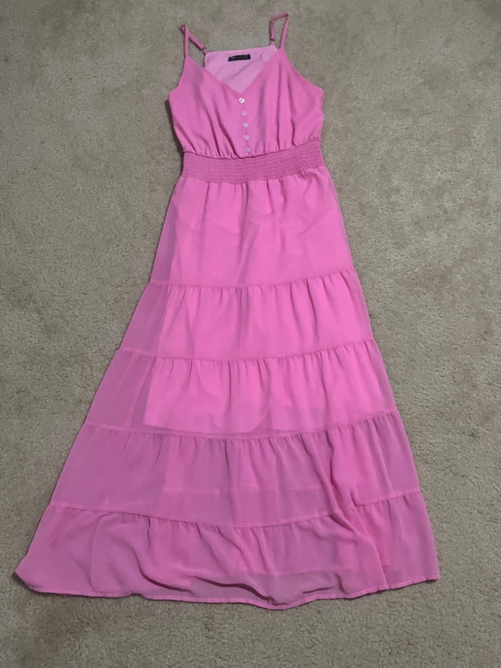 Pink Tiered Maxi Dress with Smocked Waist and Buttons